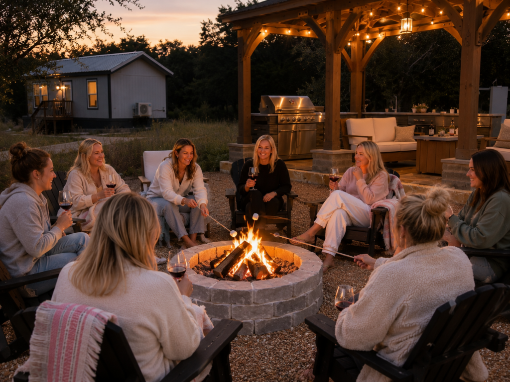 Hidden Fox Escape Communal Kitchen sitting around the gas pit campfire